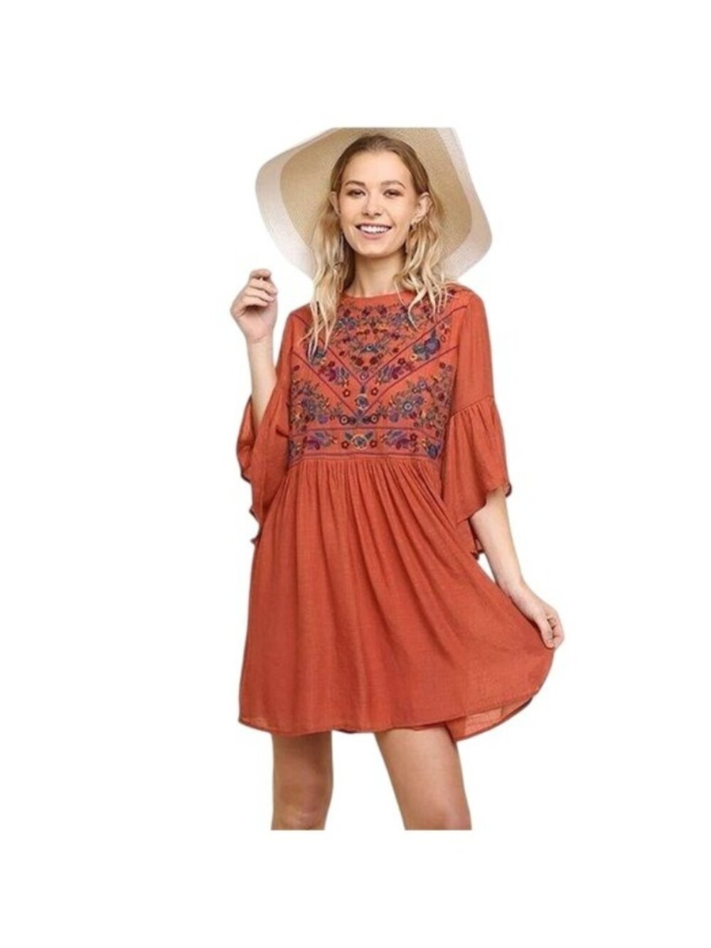 Umgee USA Womens Red Embroidered Bell Sleeve Boho Dress M Rayon Flowy Fit - Picture 2 of 16
